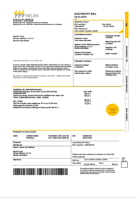 Finland HELEN business utility bill template in Word and PDF formats